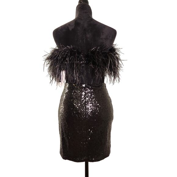 ALYCE PARIS NWT Black Sequin Mini Dress with Feathered Mesh Bodice, Size 6 - Picture 3 of 13